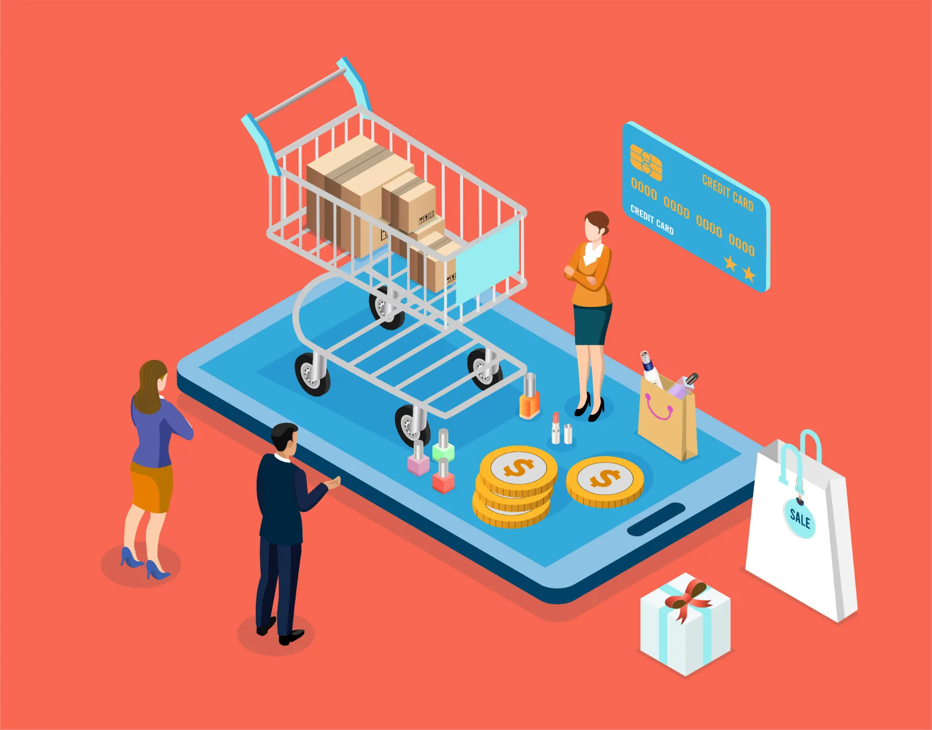 ilustracao estoque carrinho compras pagamento cartao sacola monetizacao