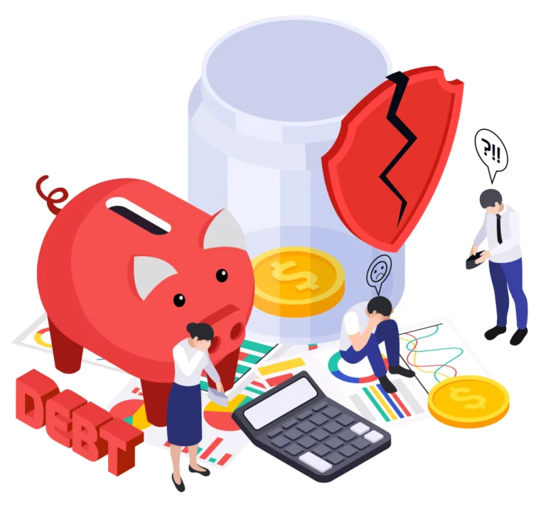 ilustracao vetorial protecao financeira mascote cofre moedas calculadora escudo quebrado