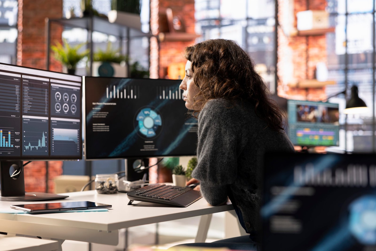 young woman watching business conference infographics computer