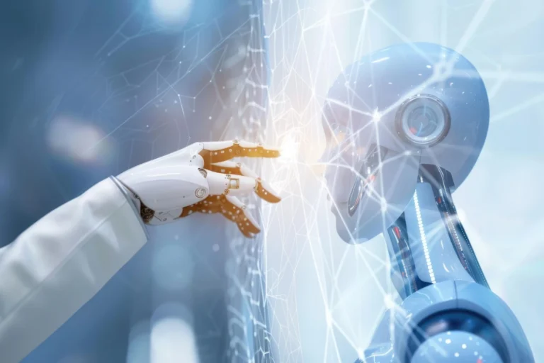 inteligencia artificial aplicada a gestao empresarial braco robotico interagindo rede digital tecnol